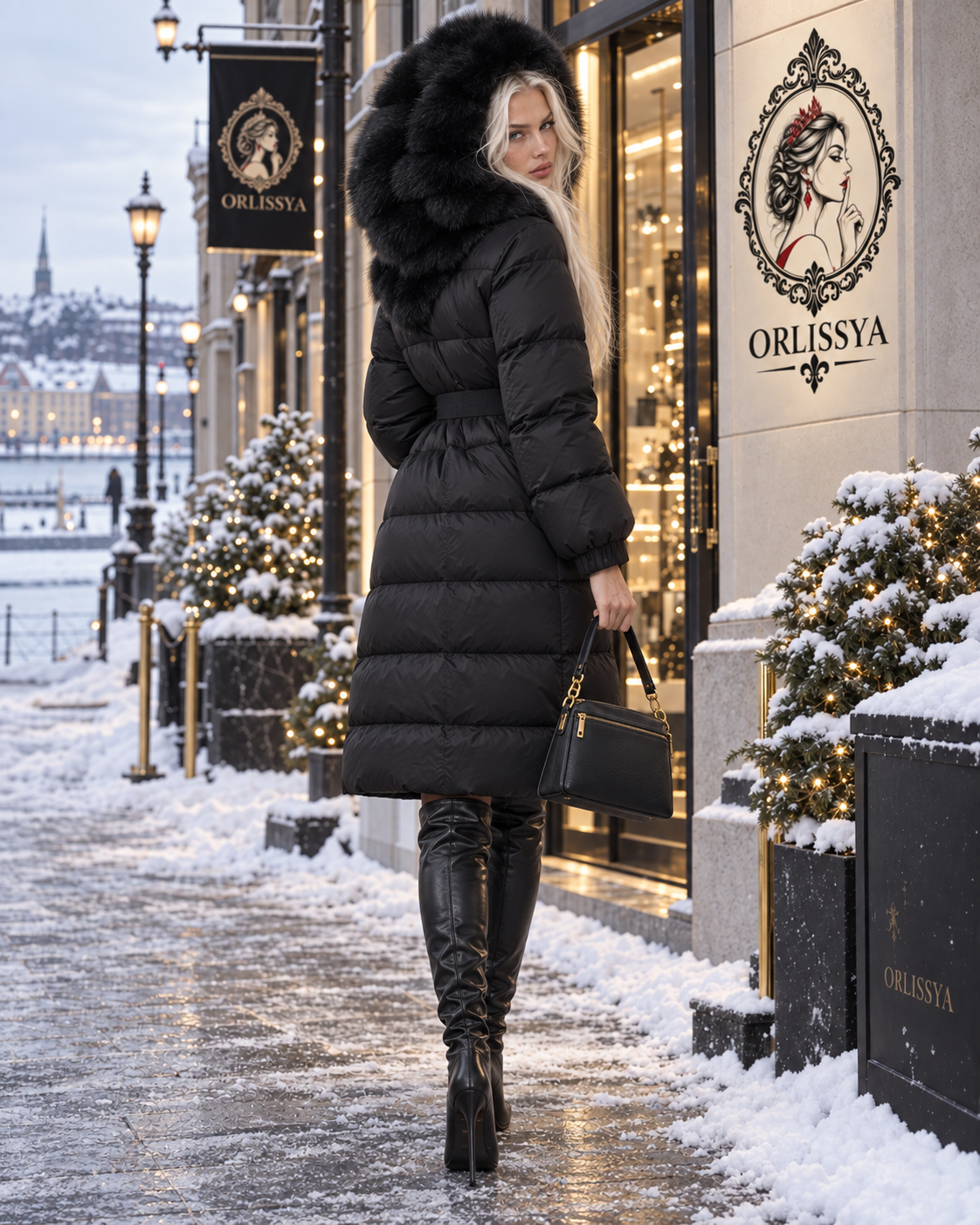 Women's Long Cinched Hoodie Real Fox Fur Collar Coat