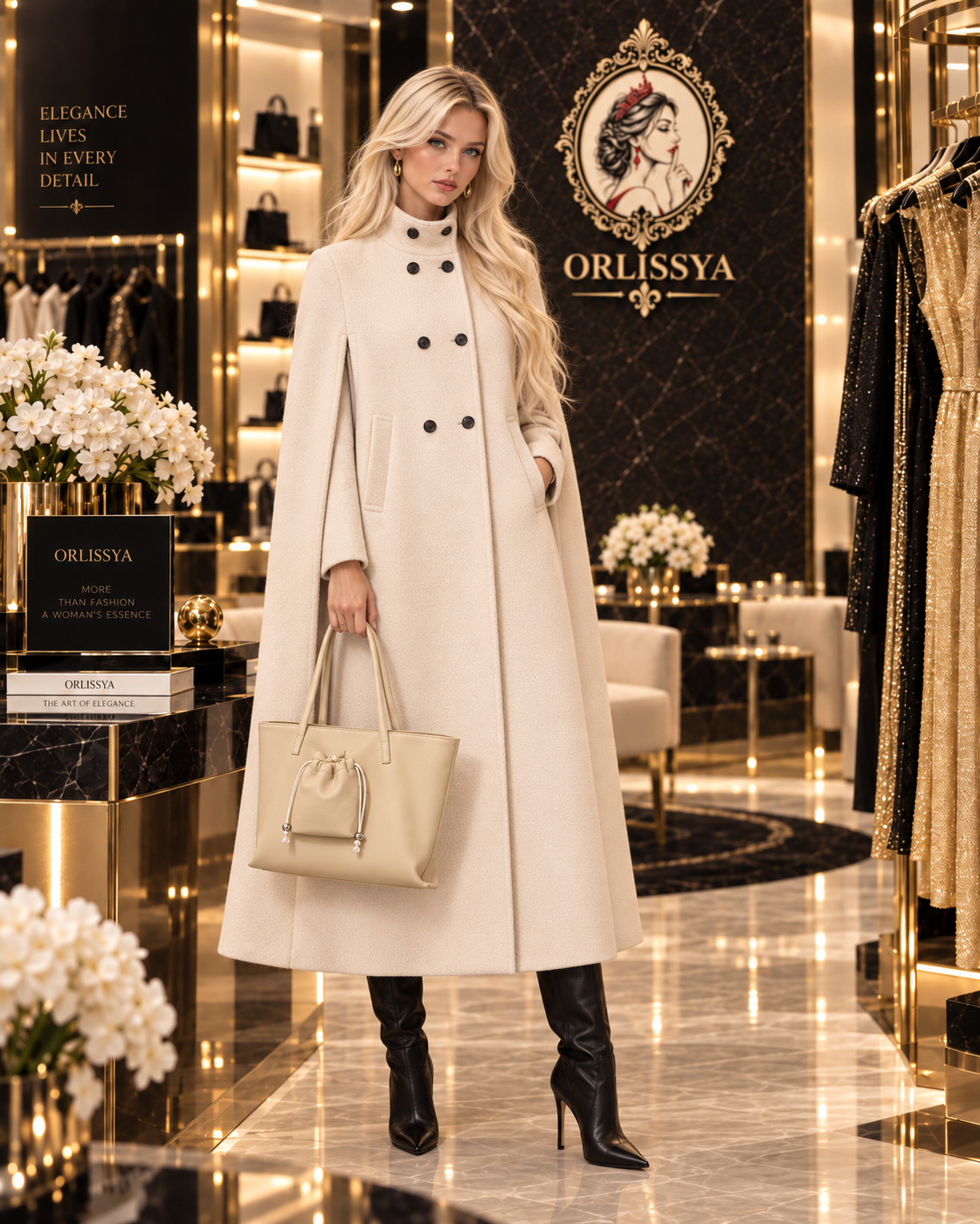 Manteau Long Abricot — Col Fourrure